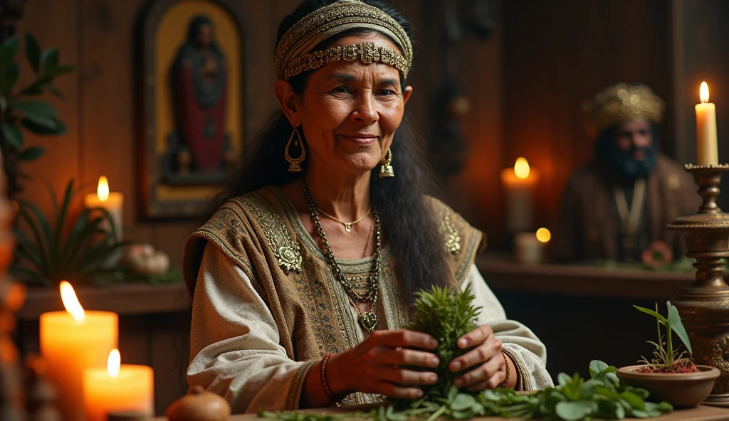 Create an ultra-realistic image of a traditional Brazilian healer woman, 60 years old dressed in exquisite clothes. She is performing a blessing ritual. The healer holds a bundle of herbs, like rue and basil, In your hands. His expression is serene and focused as he performs the ritual.. in the background candles, aromatic herbs, various saints
