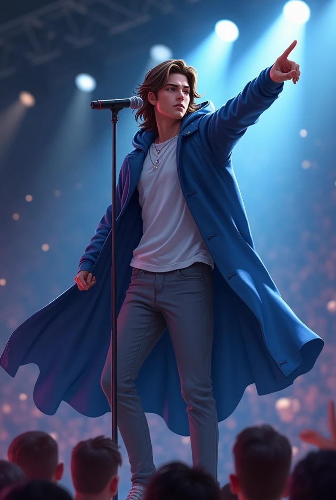 artwork best quality handsome american male ager long brown hair light skin with dark blue cape coat and light blue hood on head with details white long sleeve blue shirt and gray pants underneath intricate details singing holding a microphone seen from afar pointing to the audience at a concert with details uhq 8k details