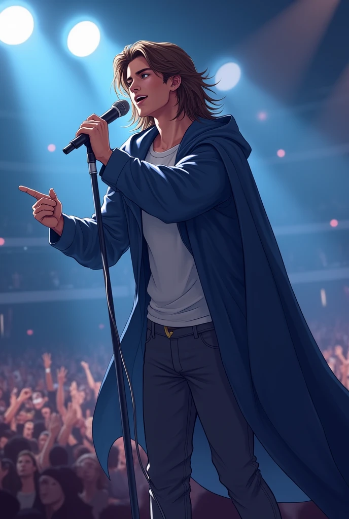 artwork best quality handsome american male teenager long brown hair light skin with dark blue cape coat and light blue hood on head with details white long sleeve blue shirt and gray pants underneath intricate details singing holding a microphone seen from afar pointing to the audience at a concert with details uhq 8k details