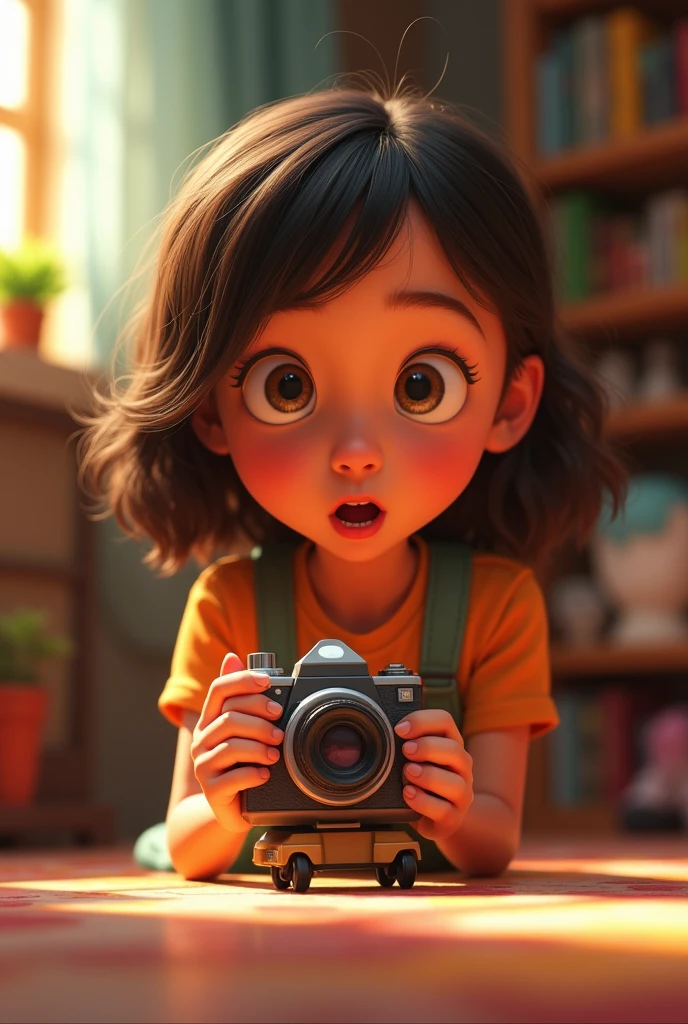 Create a Pixar-style image of an -year-oirl ling in surprise at a little camera