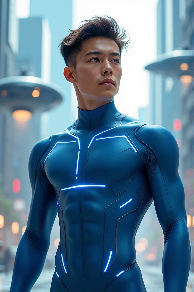 Young man in blue tech outfit
