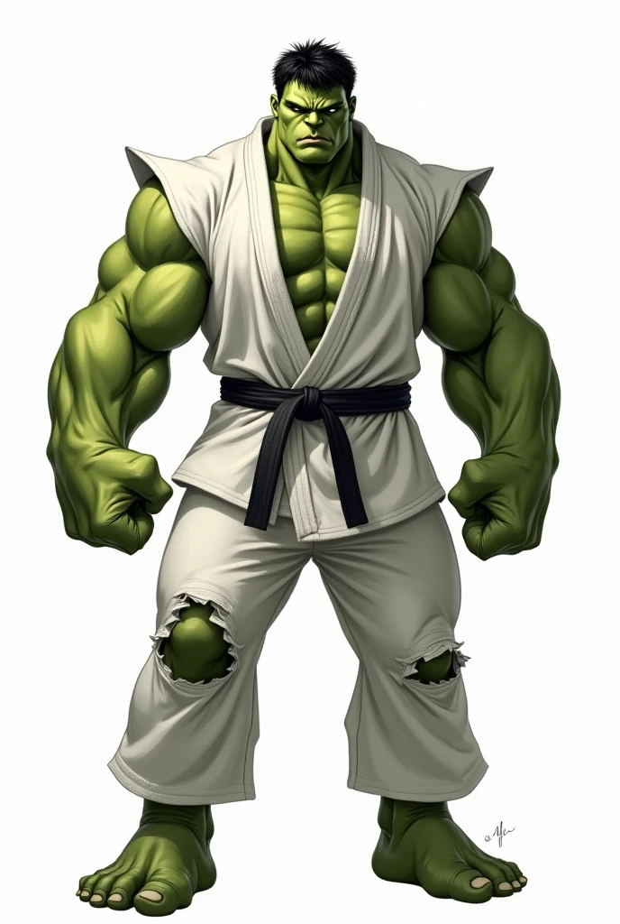 HULK WITH THE GREEN BODY,  WEARING WHITE Jiu Jitsu KIMONO WITH LONG SLEEVES , long and RIPPED pants , black Belt, GIANT MUSCULAR, fully body, drawing style, white background