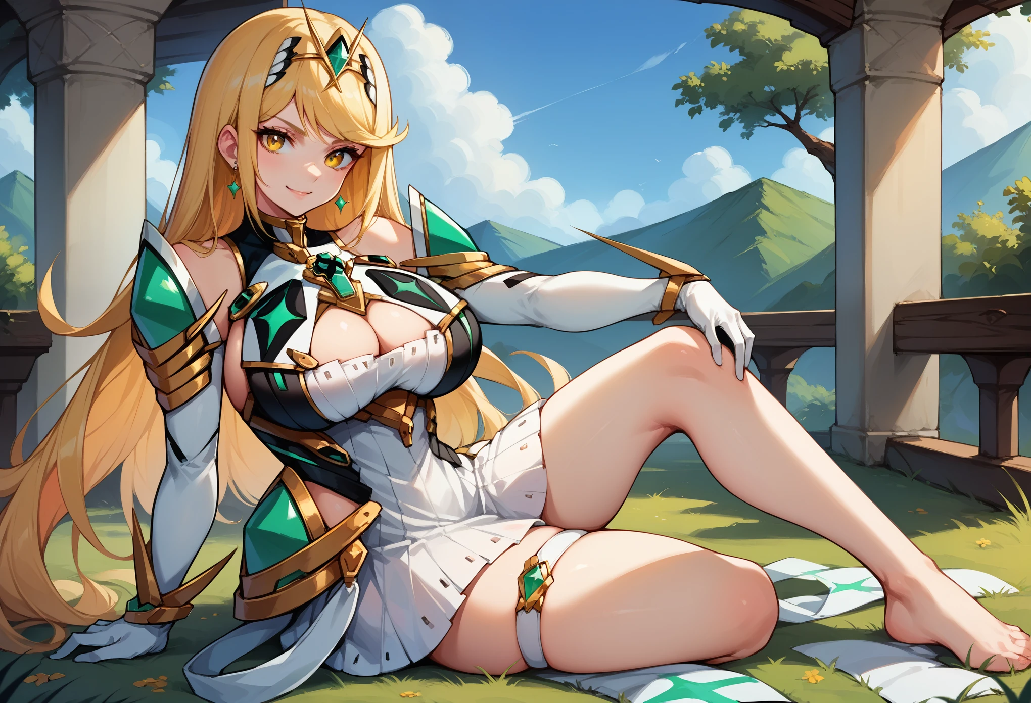 score_9, score_8_up, score_7_up, 1girl, solo, mthrdef, yellow eyes, blonde hair, long hair, tiara, earrings, chest jewel, large breasts, cleavage cutout, cleavage, white dress, short dress, elbow gloves, white gloves, thigh strap, sitting on ground, slight smile, one knee up, straight leg, from side, looking at you, medieval landscape