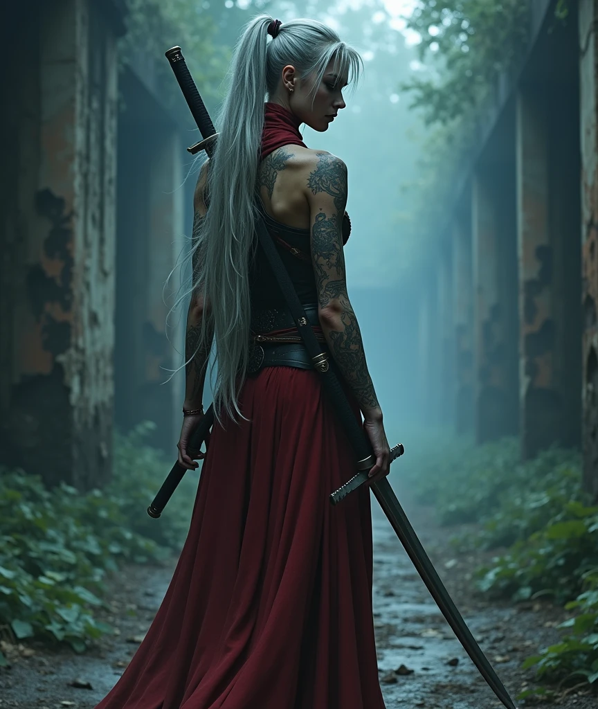 night, very dimly lit, dense fog on ground, highly detailed, intricate, random view angle, skinny female warrior, holding katana, extensively tattooed, confidence, asserted, lost in thoughts, exhausted, battle worn, disappointed, fantasy futuristic mixed setting, extremely long voluminous silver hair, extremely long voluminous ponytail, long red scarf, warriors corset, low-rise flowing maxi skirts, metallic finish, very strong wind, old abandoned overgrown ruins,