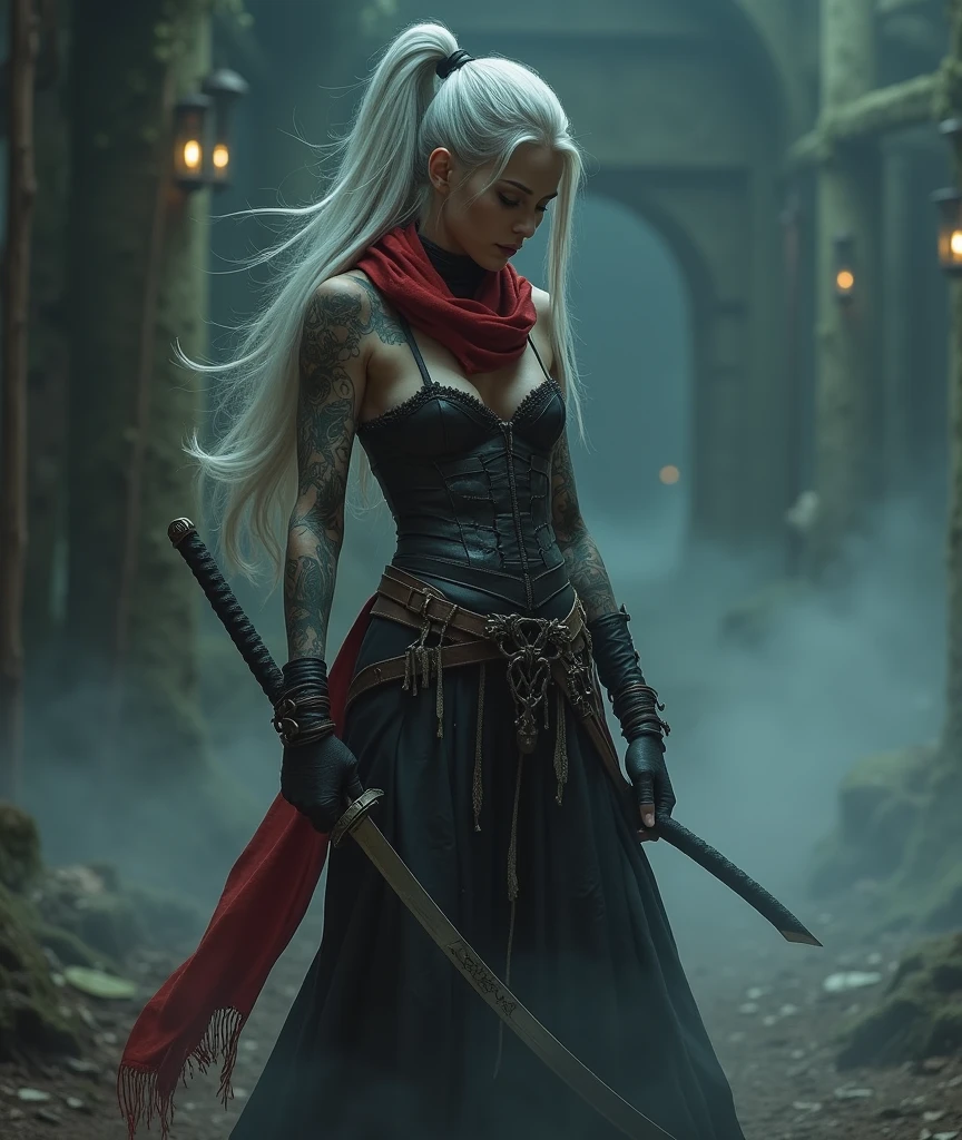 night, very dimly lit, dense fog on ground, highly detailed, intricate, random view angle, skinny female warrior, holding katana, extensively tattooed, confidence, asserted, lost in thoughts, exhausted, battle worn, disappointed, fantasy futuristic mixed setting, extremely long voluminous silver hair, extremely long voluminous ponytail, long red scarf, warriors corset, low-rise flowing maxi skirts, metallic finish, very strong wind, old abandoned overgrown ruins, 