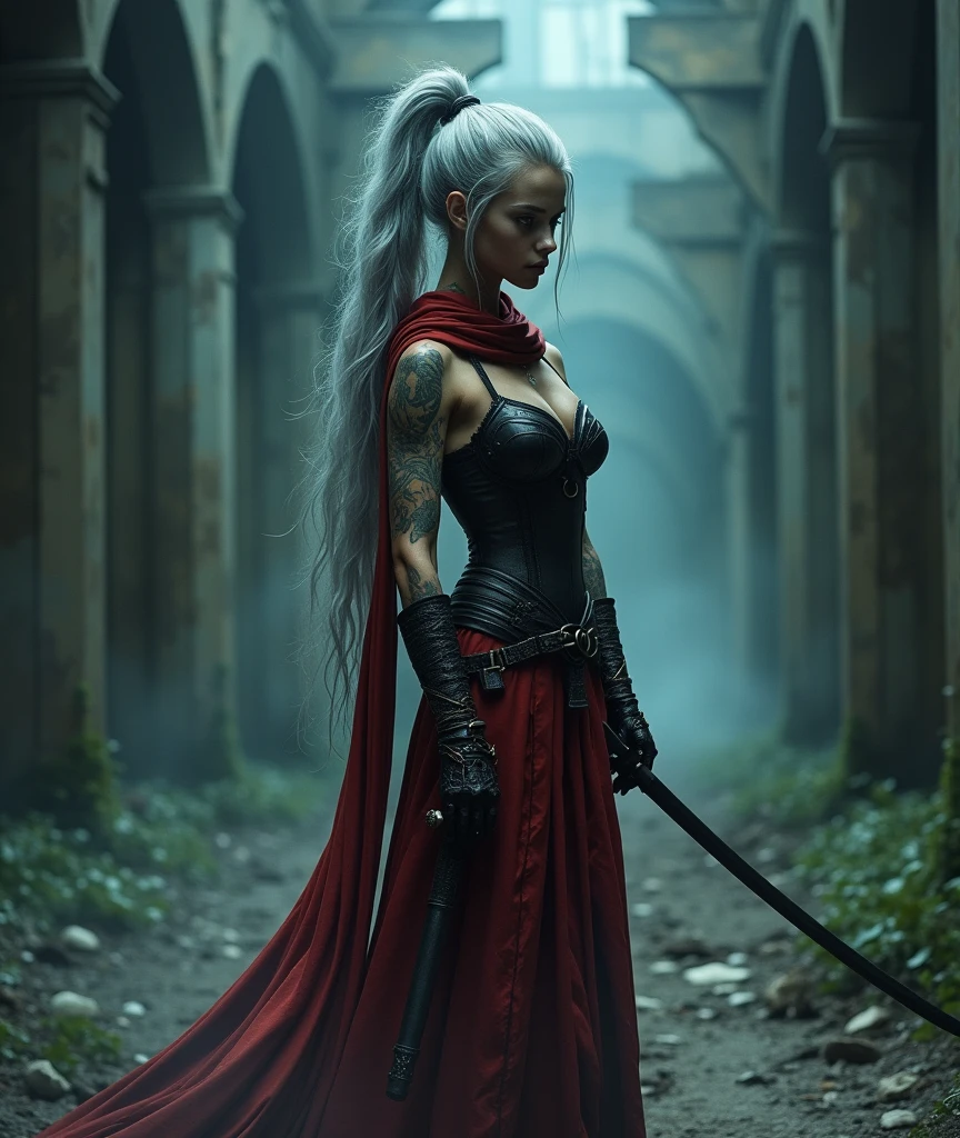 night, very dimly lit, dense fog on ground, highly detailed, intricate, random view angle, skinny female warrior, holding katana, extensively tattooed, confidence, asserted, lost in thoughts, exhausted, battle worn, disappointed, fantasy futuristic mixed setting, extremely long voluminous silver hair, extremely long voluminous ponytail, long red scarf, warriors corset, low-rise flowing maxi skirts, metallic finish, very strong wind, old abandoned overgrown ruins, 