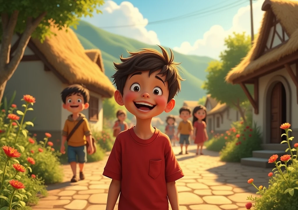 A boy in a red shirt laughing a lot and the villagers leaving back to their village. fable style