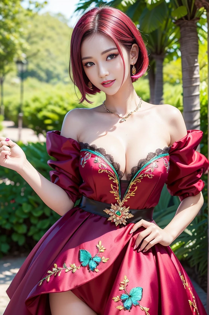 (masterpiece:1.4), (best quality:1.4), ultra high res, ultra high resolution, ((detailed facial features)), HDR, (realistic, photorealistic, photo-realistic:1.37), full body Esbian, sexy Vietnamese model, (-anime), vivid colors, ((vivid colors multicolor (red, fuchsia) very short hair)), (happy smile), lip-gloss, long lashes, ultra detailed metallic makeup, defined eyebrows, wearing large sparkling colorful jewelery, wearing a red silk Paradise Kiss cosplay dress with black floral embroidery, ((vivid colors outfit)), vivid colors, look at the camera, cinematic light, large park background with trees, sweet and sexy pose