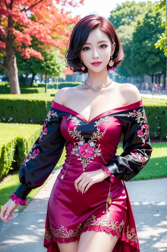 (masterpiece:1.4), (best quality:1.4), ultra high res, ultra high resolution, ((detailed facial features)), HDR, (realistic, photorealistic, photo-realistic:1.37), full body Esbian, sexy Vietnamese model, (-anime), vivid colors, ((vivid colors multicolor (red, fuchsia) very short hair)), (happy smile), lip-gloss, long lashes, ultra detailed metallic makeup, defined eyebrows, wearing large sparkling colorful jewelery, wearing a red silk Paradise Kiss cosplay dress with black floral embroidery, ((vivid colors outfit)), vivid colors, look at the camera, cinematic light, large park background with trees, sweet and sexy pose