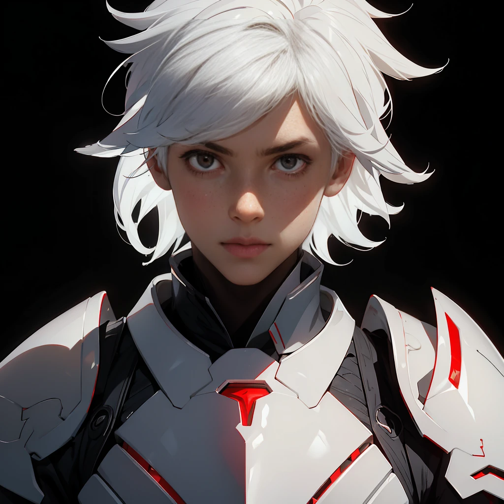 envision a 8k, highres, cinematic close up portrait of a boy with sleek skinny body, clean shaved, with short wavy white hair, and red eyes wearing a white and black leather armor against a dark gray background