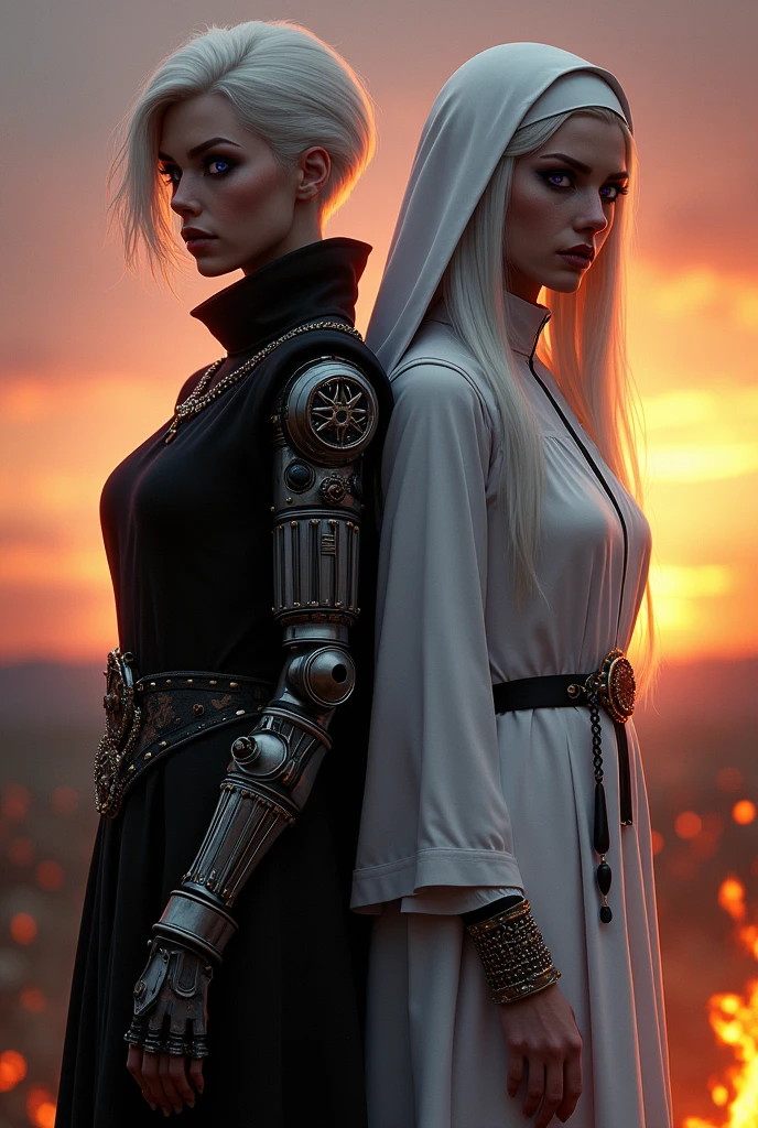 Two pale middle-aged women back to back with violet eyes and white hair, with the one on the left with short white hair in dark alchemist clothes and with the left arm with a steampunk prosthesis with a pentagram raised, and the one on the right in white nun's clothes with a rosary, at sunset in front of a bonfire