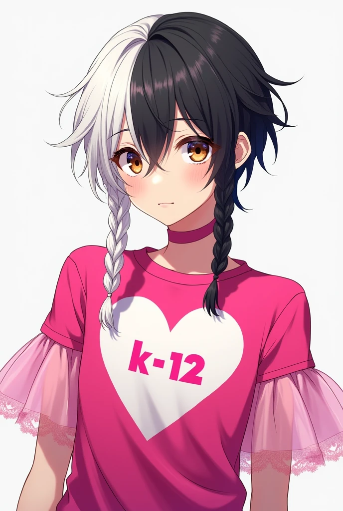 Gender:male Skin:Clear Eyes:brown Style:anime body:tall hair:parted in half, one side white and the other side black, and on each side of the head a braid with the respective color of the hair side Clothing:a hot pink shirt with puffy light pink tulle sleeves and on the shirt a white heart in the center of the shirt with the writing "K- 12"