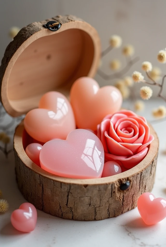 A wooden box with the lid open and containing three glycerin soaps in the shape of a heart and a rose 
