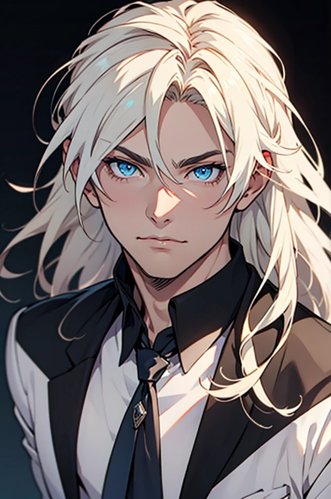 anime boy with blue eyes, white long hairs, no background, black background