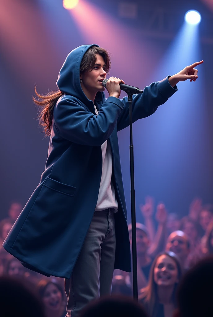 artwork best quality handsome american male teenager long brown hair light skin with dark blue cape coat and light blue hood on head with details white long sleeve blue shirt and gray pants underneath intricate details singing holding a microphone seen from afar pointing to the audience at a concert with details uhq details 8k realistic image 