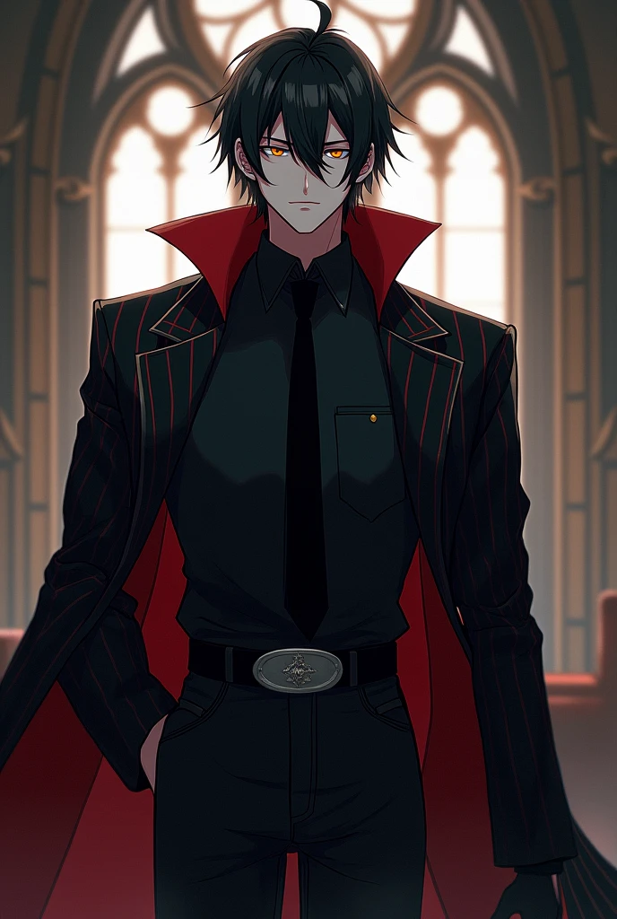A pale man with medium length black hair ties in a messy low bun and yellow eyes . He wears a black button-up shirt with a black tie, a  black and red pinstriped coat, black jeans has a black belt with a silver oval buckle, and black boots. He also wears a pair of black gloves. He is very laid-back man who never seems to get distressed at anything.
The picture must be in anime style and he has laid-back villain charm, smiling in a care free attitude
He is in a gothic church