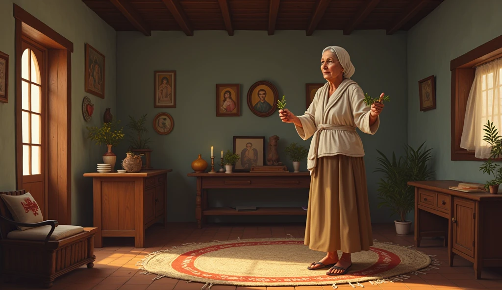 "Create an image of a traditional Brazilian benzedeira, an elderly woman with a kind and wise expression. She should be wearing simple, rural clothing, such as a long skirt and a headscarf. The setting should be a rustic, cozy room in a rural home, with natural light filtering through the windows. She is holding a small branch of herbs, like rue or rosemary, and is in the act of blessing or performing a ritual. The environment should have elements like wooden furniture, a small altar with religious icons, candles, and possibly a woven rug on the floor. The overall atmosphere should be warm, serene, and evoke a sense of ancient traditions and spiritual healing."