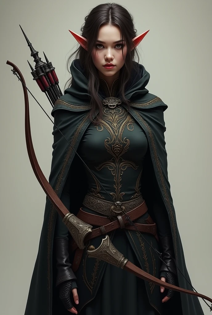 Draw a full-body, standing female half-elf with eyes that are not green and are VERY DARK, THE DARKEST POSSIBLE, Caucasian skin, little elf ears, eyes black, dark brown hair, wearing a black cloak with gold details and a built-in hood holding a crossbow in his hands and a quiver on his back with a handful of arrows. Her eyes are extremely dark and this is her most obvious feature..