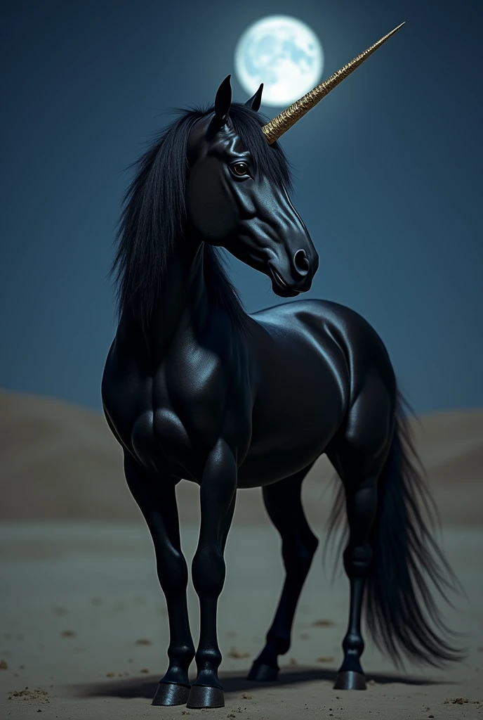 realistic photo of a black unicorn mythological horse being with a horn on its forehead, Big and imposing, standing at night , in the middle of a desert of clear sands, he with black and shiny fur, its horn looks real and organic. the lighting done directly on it in a close-up photograph, as a discovery of a hidden being, an organic and spontaneous photo, all in the dark of night.