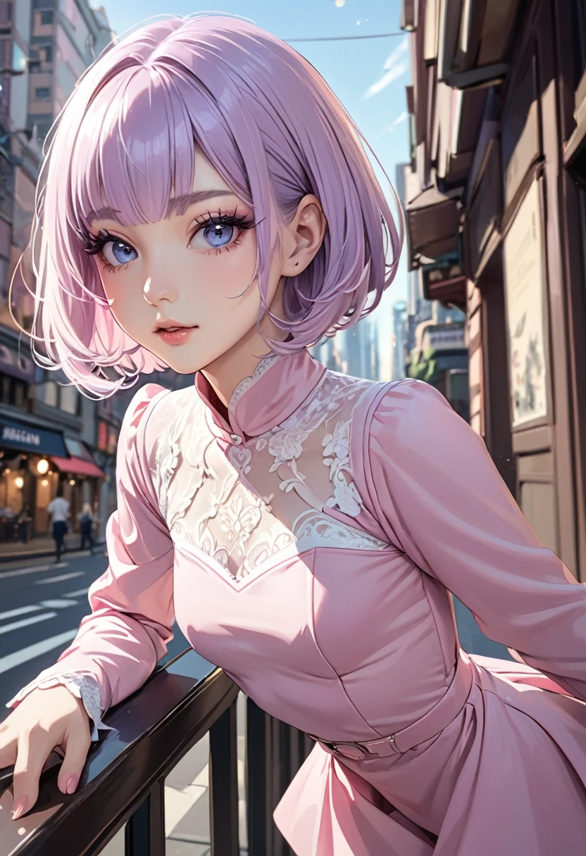 ((best quality)), ((Masterpiece)), (details), 1 woman, small breasts, light purple hair, blue eyes, ((short hair)), Bangs , beautiful face, Beautiful skin, Long eyelashes, Thick eyelashes, Cute pink long sleeve dress and short skirt.,city
