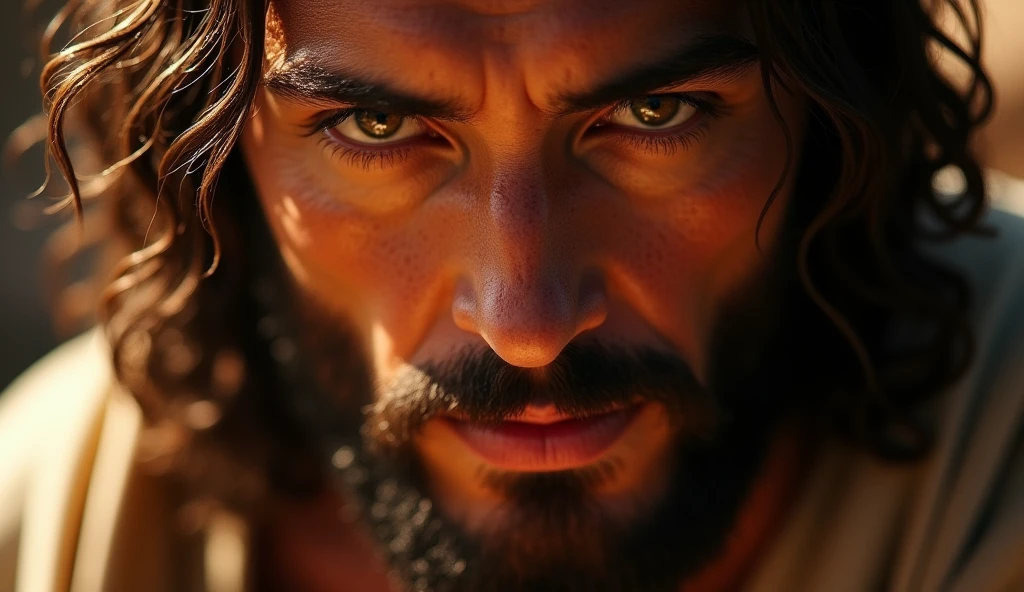 Close-up no rosto de Jesus, expressing focus and faith, while answering the Devil. The light highlights your face, while the background is blurred, bringing full attention to your expression of resistance.