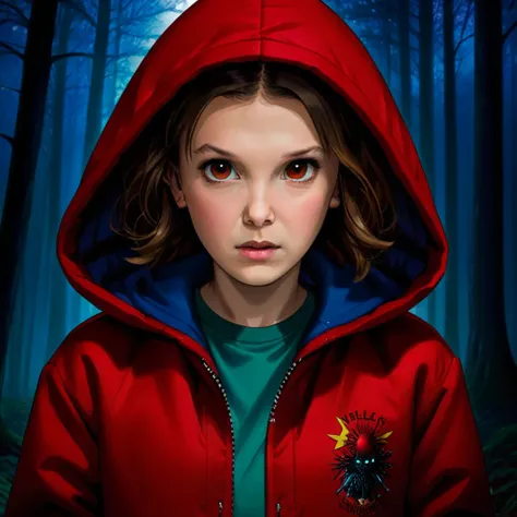 milli3 woman, millie bobby brown, 1 girl wearing red jacket and hood, netflix, stranger things, eleven, dark forest setting, fro...