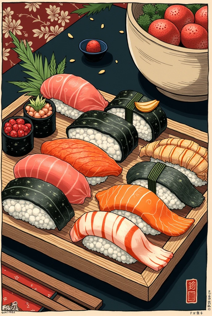 Sushi in woodcut on cordel