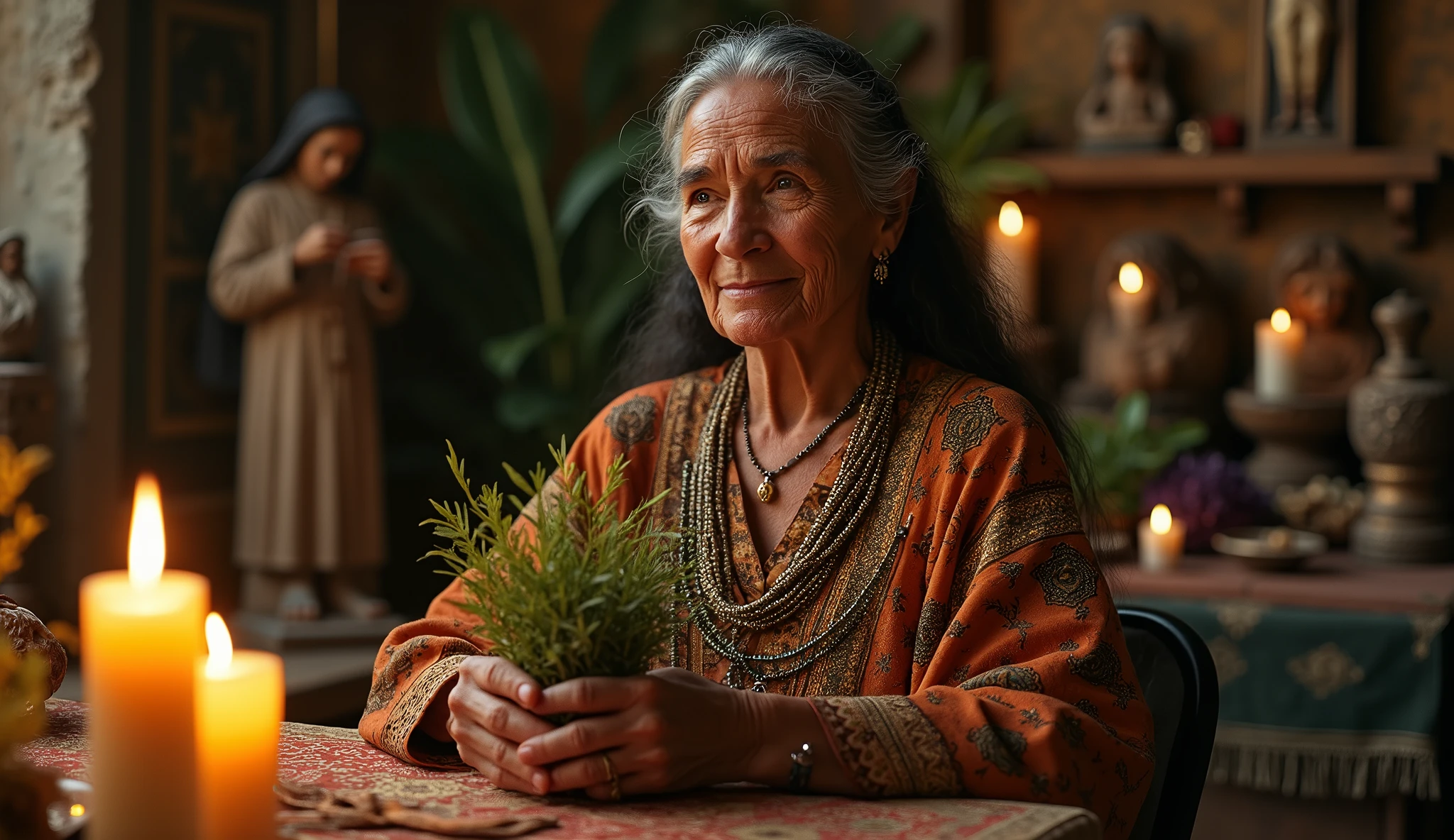 ultra realistic elderly woman healer with two long plants in the shape of thin spears, crossing like an x in front of your chest. The plant is green with light medium green and dark green stripes throughout., with slightly yellowed edges. In the background, a wall with plants and a large shelf with Catholic saints and several lit candles.. convey depth