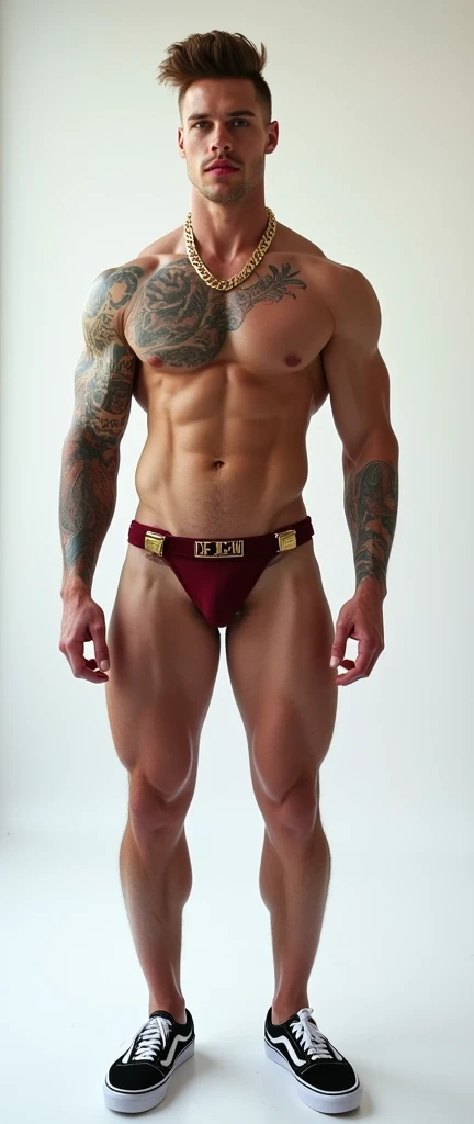 Fullbody standing picture of white Handsome muscular nude horny sexy gay man wearing maroon dick harness, shiny light brown hair Disconnected Pompadour oiled hair style, shiny black varnished vans, big golden neck chain, red lip, six pack, tattoos, horny, cum shot, sperm, milking penis, very big penis, very big testicle, shiny oiled skin, orgasm, oversexed, masturbation, standing at white show room.