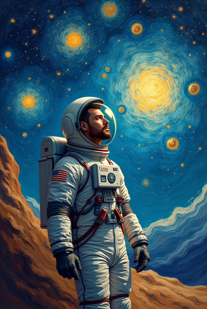 Mug art of astronaut character in the middle of the stars van gogh style in size 20cm x 9cm,7cm