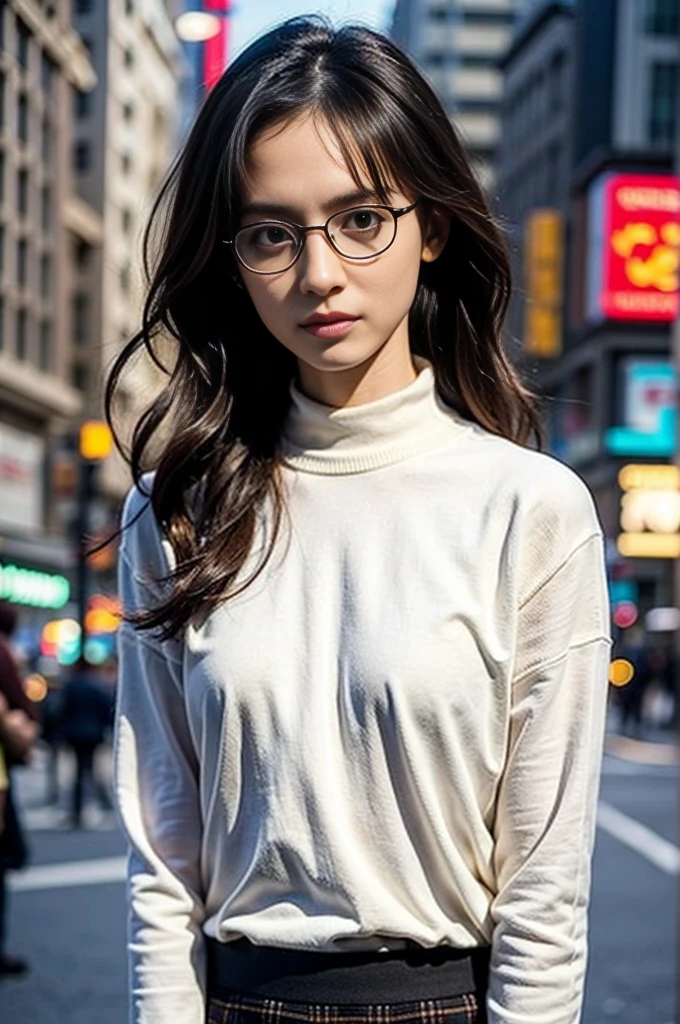 Photo of a beautiful woman standing on a street corner, (masterpiece:1.2, highest quality), (Realistic, photoRealistic:1.4), Beautiful illustrations, (Natural Side Lighting, Cinema Lighting), Written boundary depth, Beautiful thighs staring at the viewer, (((Face Focus, Upper Body))), 1 female, 30-year-old, alone, thin, slender, small breasts!!!, Loose curly hair, Bedhead, Forehead, thin, slender, (((glasses))), sweater, Skinny skirt, Are standing, New York 25th Street, portrait