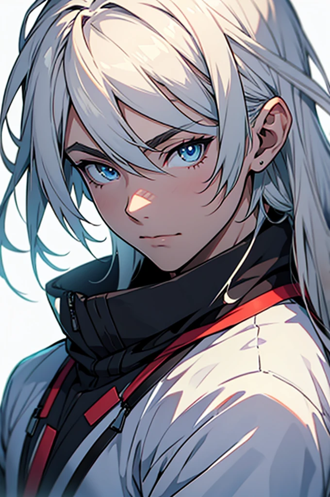 anime boy with blue eyes, elph, white long hairs, no background, black background