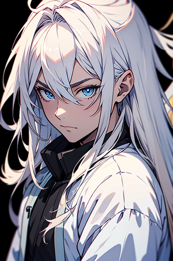 anime boy with blue eyes, elph, white long hairs, no background, black background