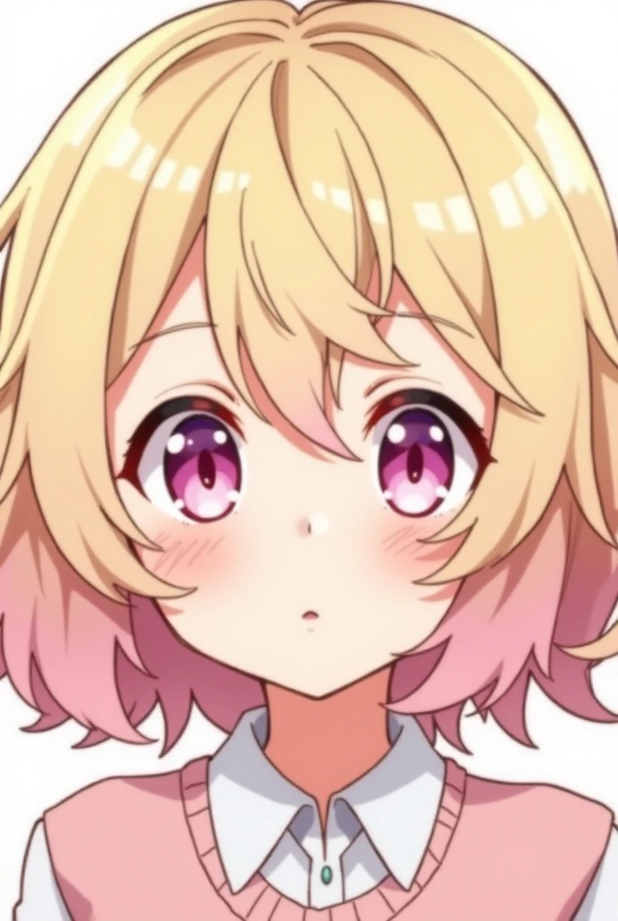 One with light blonde hair and light pink at the ends, short and LARGE HAIRLOCKS AT THE FRONT OF THE CUT along with a fringe and half-open eyes in the color of honey with light pink in the comic style of MY HERO ACADEMIA BOKU NO HERO