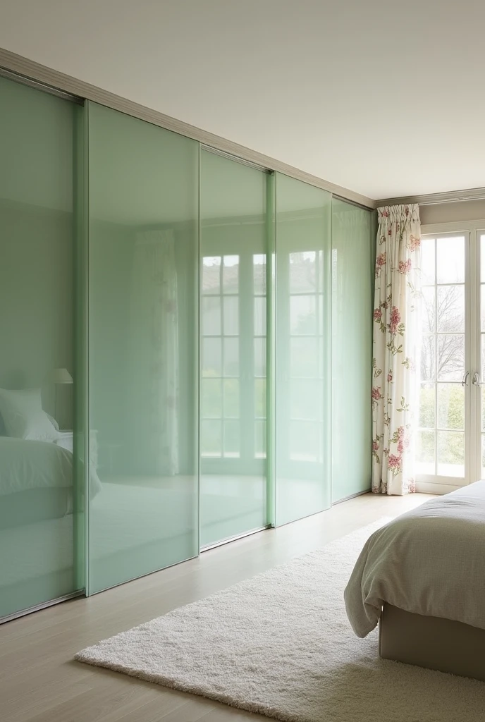 
The closet at the very back of this spacious, long, neutral-toned bedroom, covers the entire wall, maximizing storage space, as well as adding a touch of soft, sophisticated color, maintaining the continuity of the neutral and elegant design. 
The closet&#39;s sliding door is made of transparent glass in shades of light topaz green., offering practicality and elegance to the environment.
Through the open door to the right of the closet, near the window, you can see its size, because it can still be seen inside it, on the wall, a tipping window.
On the right side of the closet there is another side wall with two French windows covered by flower-printed curtains..
There is only a white plush rug on the floor of this room..