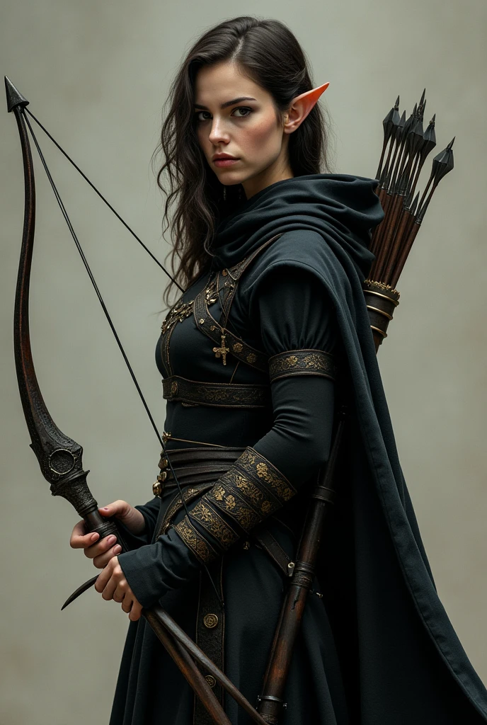 Draw a full-body, standing female half-elf with eyes that are not green and are VERY DARK, THE DARKEST POSSIBLE, Caucasian skin, little elf ears, eyes black, dark brown hair, wearing a black cloak with gold details and a built-in hood holding a crossbow in his hands and a quiver on his back with a handful of arrows. Her eyes are extremely dark and this is her most obvious feature..