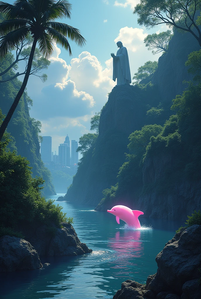 CAETÉ RIVER IN THE MIDDLE OF A FOREST WITH A LARGE STATUE OF SAINT BENEDICT ON TOP OF A HILL IN THE BACKGROUND AND A PINK DOLPHIN COMING OUT OF THE WATER ON THE OTHER SIDE AN ILLUMINATED CITY