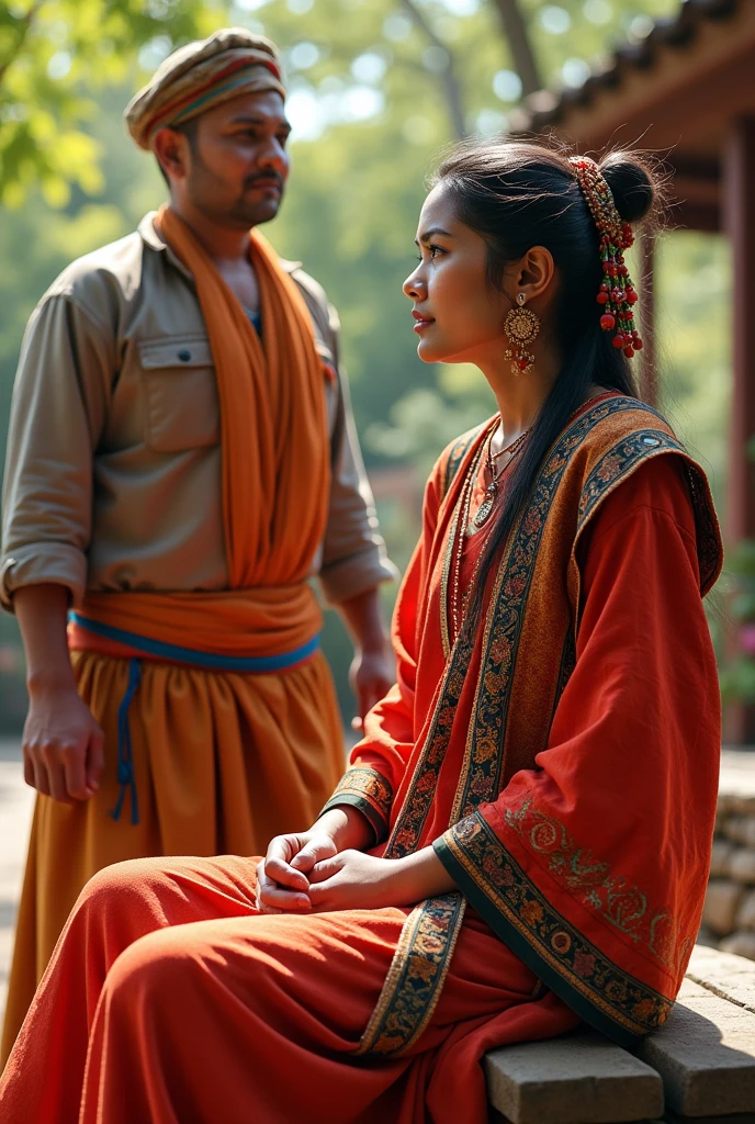 man wearing dhaka topi and daura suruwal and female wearing gunyu cholo and women sitting on the bench,scorching sun above ,sweats dropping from the body