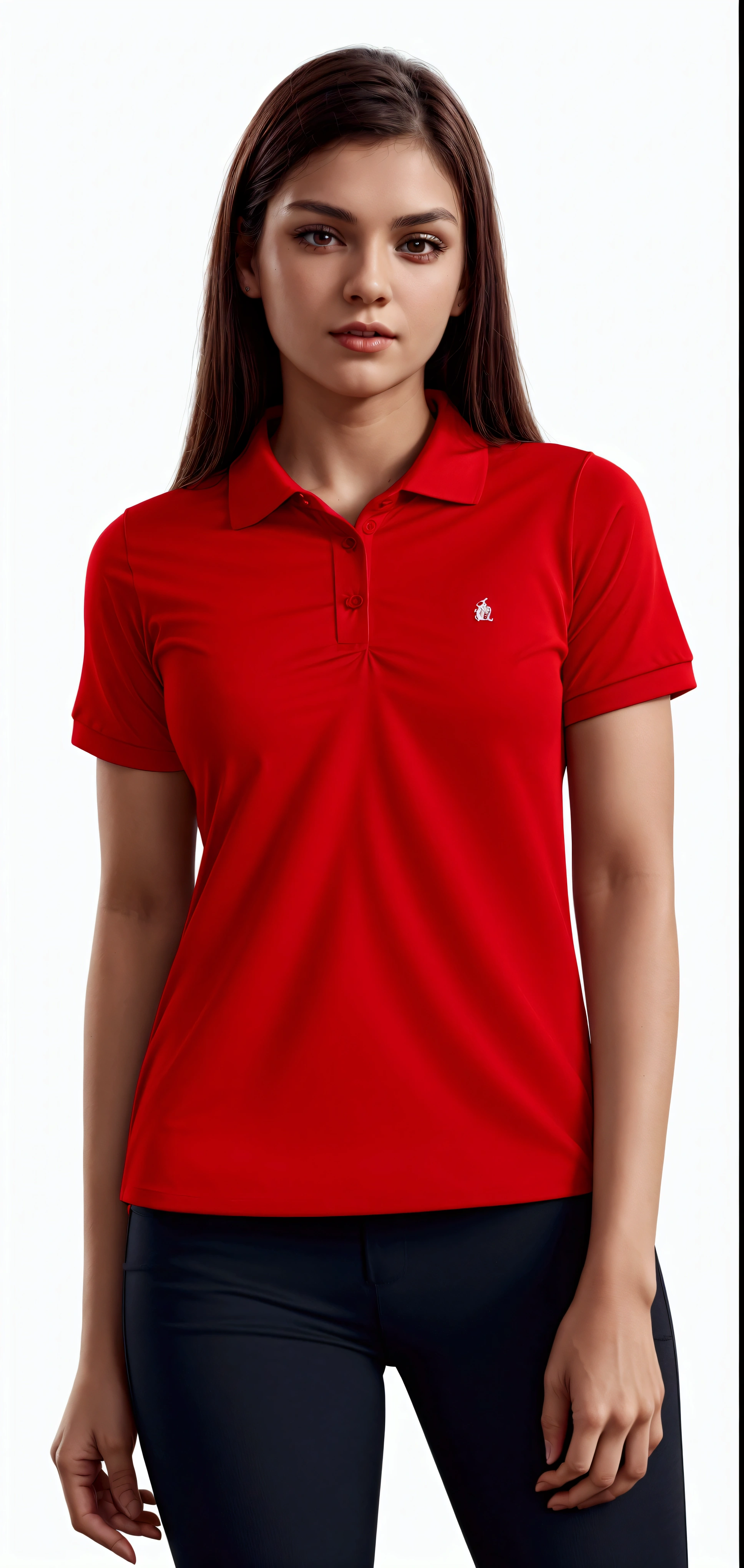 a woman in a red shirt while standing, wearing polo shirt, red shirt, red uniform, red t-shirt, short sleeves, wearing red clothes, collared shirt, clothing photography, wearing red attire, red sport clothing, maxar, red clothes, wearing red formal attire, dominating red color, sports clothing, crimson clothes, academic clothing, coral red