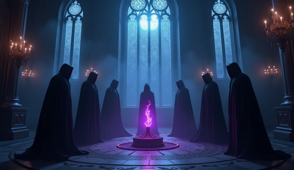 8k、 big blue moon   ,zoom up(number々の賞を受賞したmasterpiece、Incredible detail、Texture、Maximum details),purple flame candle, (summoning magic),(The moonlight at night is beautiful), (Demon King's Castle),(dark organization)arafed image of a group of people in a church with candles,lit candle, dark cinematic concept art, elegant cinematic fantasy art, photorealistic dark concept art, by Beeple, dark robes, wojtek fus, gothic epic library concept, gothic epic library, epic cinematic concept art, dark concept art, Beeple and mike winkelmann, symmetrical epic fantasy art, High resolution, masterpiece, Highest quality, Intricate details, Very detailed, Clear focus, practical skin texture, texture,  Shot with Canon, 85mm, Shallow and deep, Kodak Vision Color, Exactly, Very detailed, photograph_\(Extremist\), photographpractical, practical, Post-processing, Maximum details, Roughness, Real Life, Extremist practical, Photorealism, photographgraphy, 8K Ultra HD, photographgraphy
