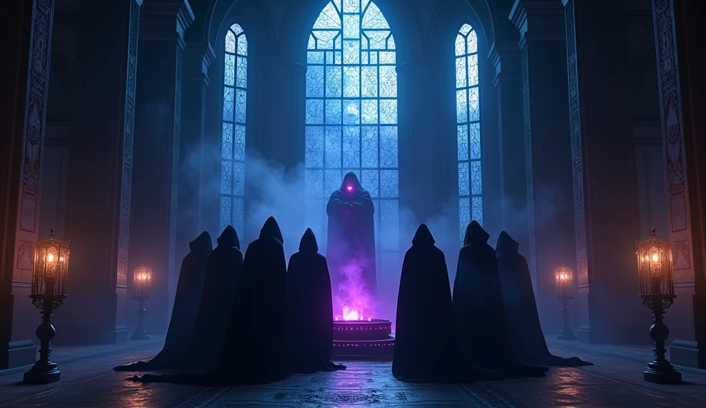 8k、 big blue moon ,zoom up(number々の賞を受賞したmasterpiece、Incredible detail、Texture、Maximum details),purple flame candle, (summoning magic),(The moonlight at night is beautiful), (Demon King's Castle),(dark organization)arafed image of a group of people in a church with candles,lit candle, dark cinematic concept art, elegant cinematic fantasy art, photorealistic dark concept art, by Beeple, dark robes, wojtek fus, gothic epic library concept, gothic epic library, epic cinematic concept art, dark concept art, Beeple and mike winkelmann, symmetrical epic fantasy art, High resolution, masterpiece, Highest quality, Intricate details, Very detailed, Clear focus, practical skin texture, texture, Shot with Canon, 85mm, Shallow and deep, Kodak Vision Color, Exactly, Very detailed, photograph_\(Extremist\), photographpractical, practical, Post-processing, Maximum details, Roughness, Real Life, Extremist practical, Photorealism, photographgraphy, 8K Ultra HD, photographgraphy