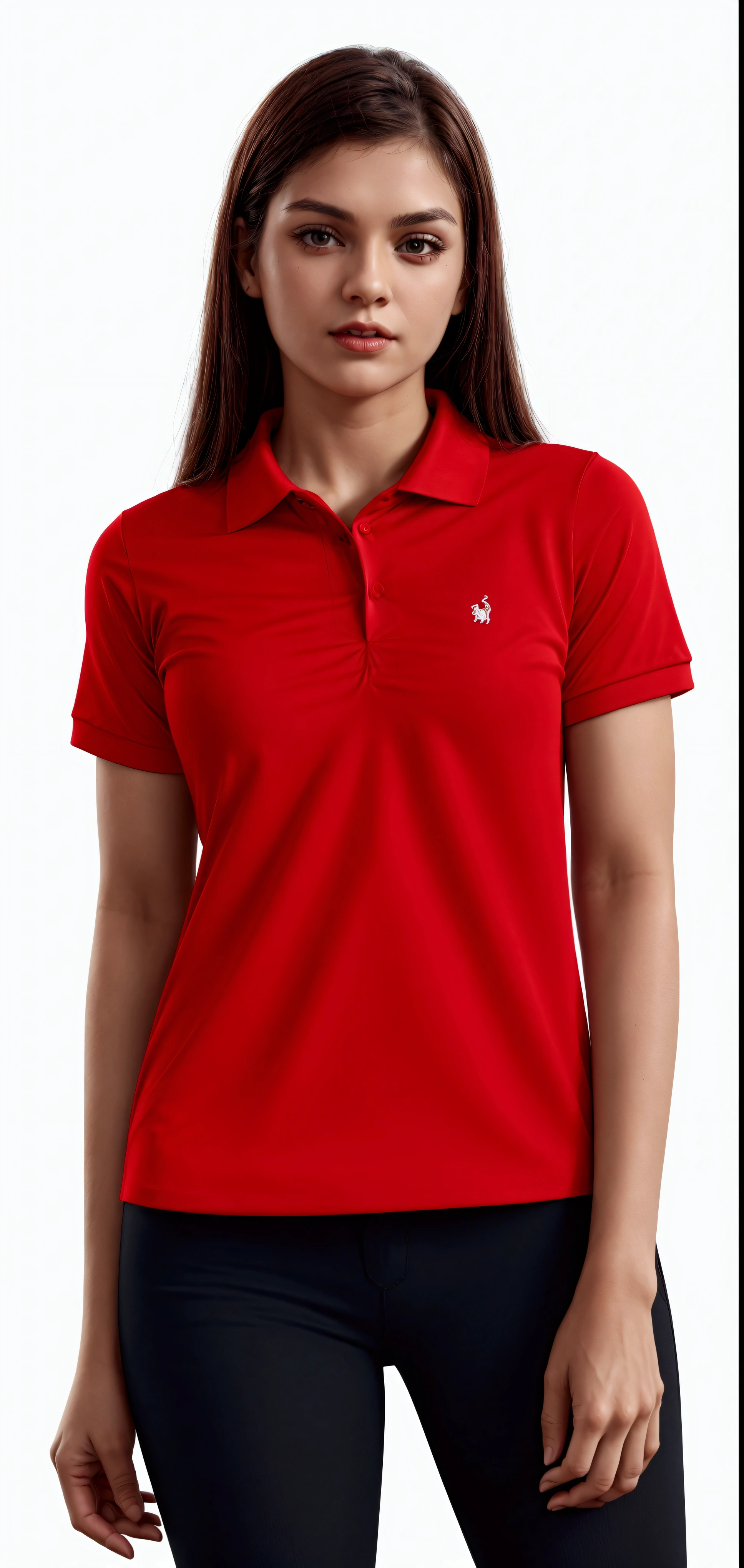 a woman in a red shirt while standing, wearing polo shirt, red shirt, red uniform, red t-shirt, short sleeves, wearing red clothes, collared shirt, clothing photography, wearing red attire, red sport clothing, maxar, red clothes, wearing red formal attire, dominating red color, sports clothing, crimson clothes, academic clothing, coral red
