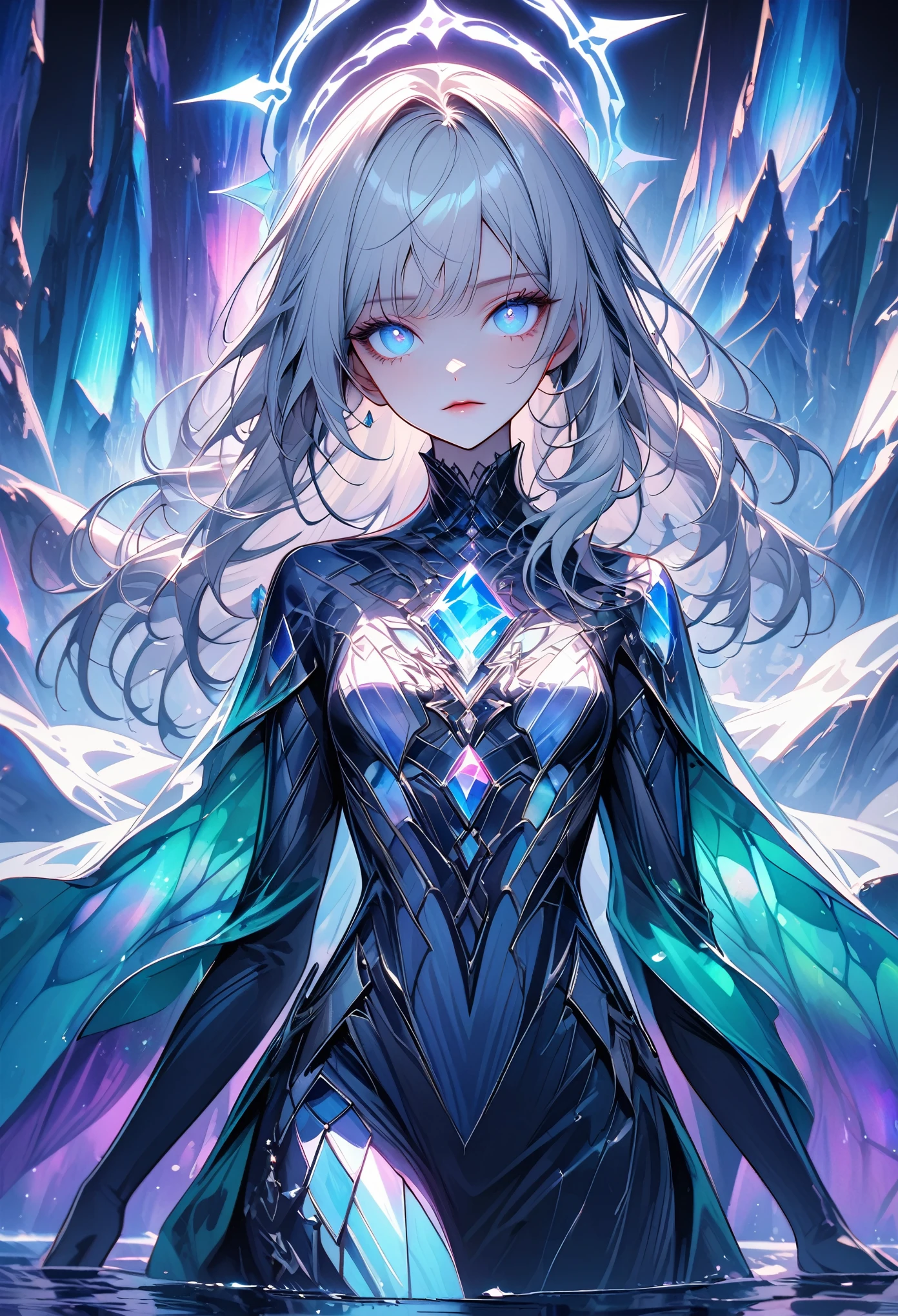 solo, female, close up, statuesque figure, silver hair, long hair, emerald robes growing from her skin, billowing robes, iridescent gemstones, luminescent gemstones, gemstone on shoulder, glowing eyes, blue eyes, crystal structures, blue sky, calm lake, walking on water, calm expression, silver halo, otherworldly landscape, aurora borealis, patter iris, magic, tiny waist, floating, looking at viewer