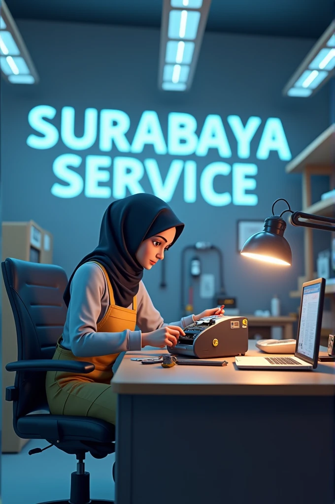 3D Animation Good Technical Room with big text "Surabaya Service" in the wall
With a hijabi technichian in front of the laptop and beside many part hold the screw driver for repair broken mini thermal printer