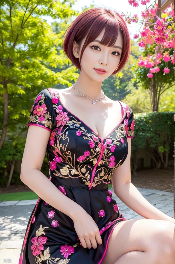 (masterpiece:1.4), (best quality:1.4), ultra high res, ultra high resolution, ((detailed facial features)), HDR, (realistic, photorealistic, photo-realistic:1.37), full body Esbian, sexy Vietnamese model, (-anime), vivid colors, ((vivid colors multicolor (red, pink, fuchsia) very short hair)), (happy smile), lip-gloss, long lashes, defined eyebrows, wearing large sparkling colorful jewelery, wearing a red silk Paradise Kiss cosplay dress with black floral embroidery, ((vivid colors outfit)), vivid colors, look at the camera, cinematic light, large park background with trees, sweet and sexy pose