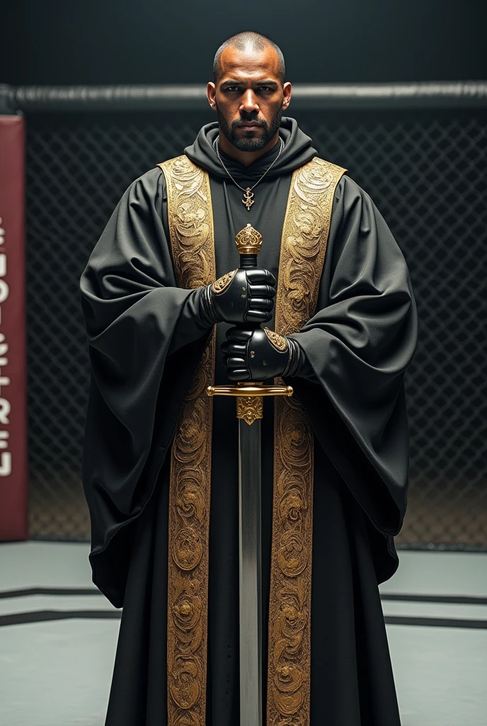 Chris Brown holding a samurai sword, dressed in clothing similar to that of a Catholic priest, standing in an MMA octagon. The image should be ultra-realistic in 4K resolution, with a 9x16 aspect ratio