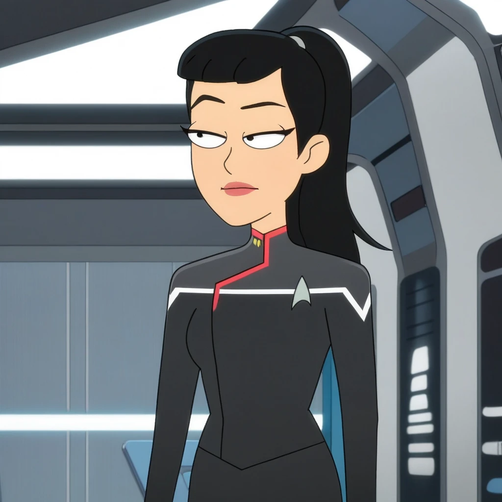 Black hair in long straight ponytail. Asian woman, wearing a starfleet uniform, corridor 
