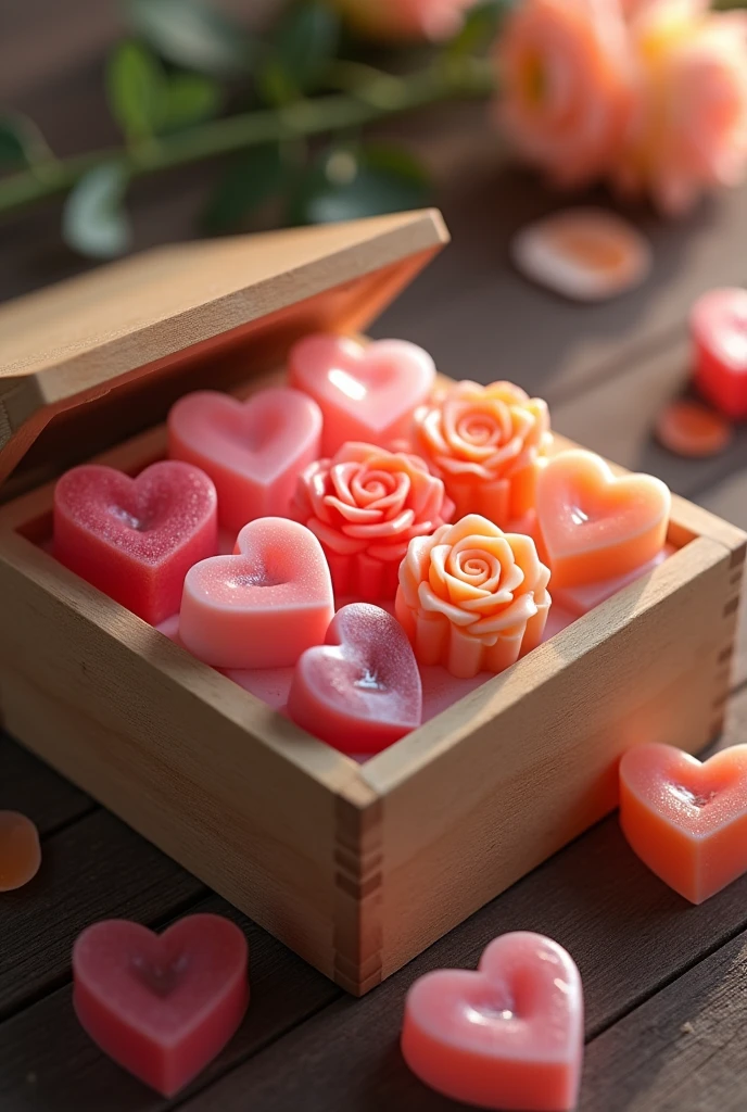 A square wooden box with the lid open and containing six heart-shaped and rose-shaped glycerin soaps, realistic concept