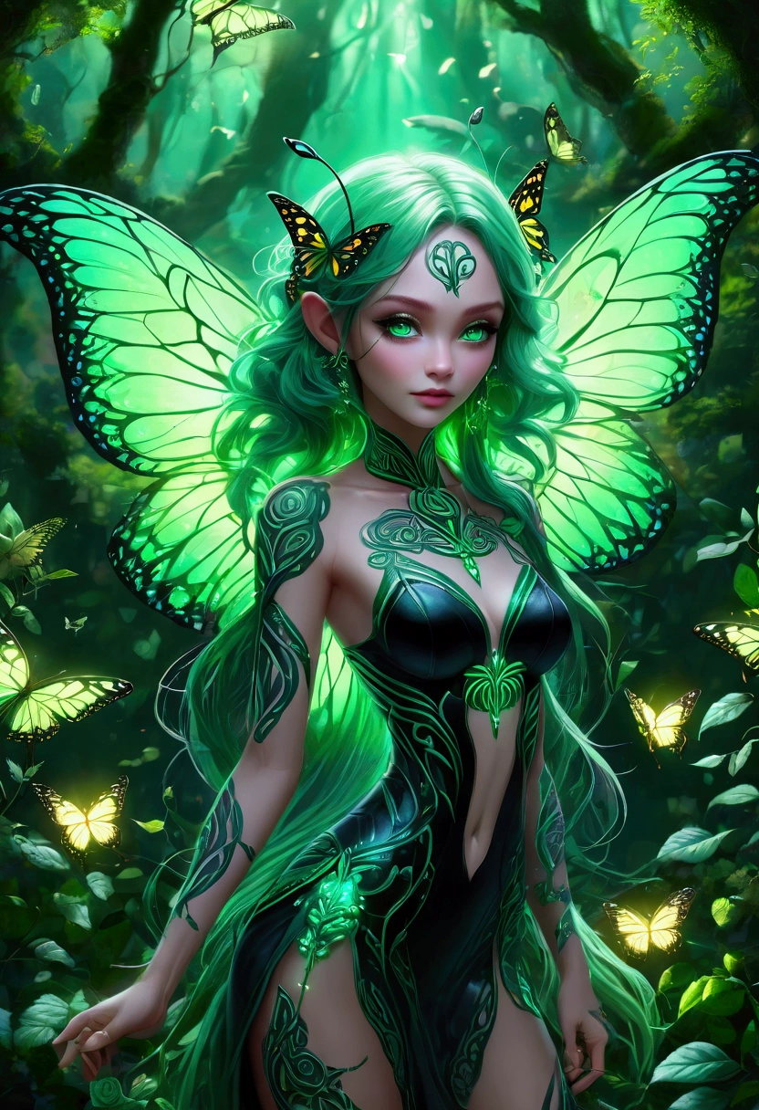 ((a bioluminescent little celtic green circling a black rose)), (green rose), celtic tattooing, (cute), mystical magical primeval forest, (pointed ears:0.75), (full body), (green hair), (long hair), ((detailed butterfly wings:1.5)), high detailed background, depth of field, perfect facial symmetry, Perfect Face, octane render, blushing, unreal engine 3D, cone of light, (hyperdetailed:1.15), hdr, (hyperrealistic:1.5), ultra detailed texture, 