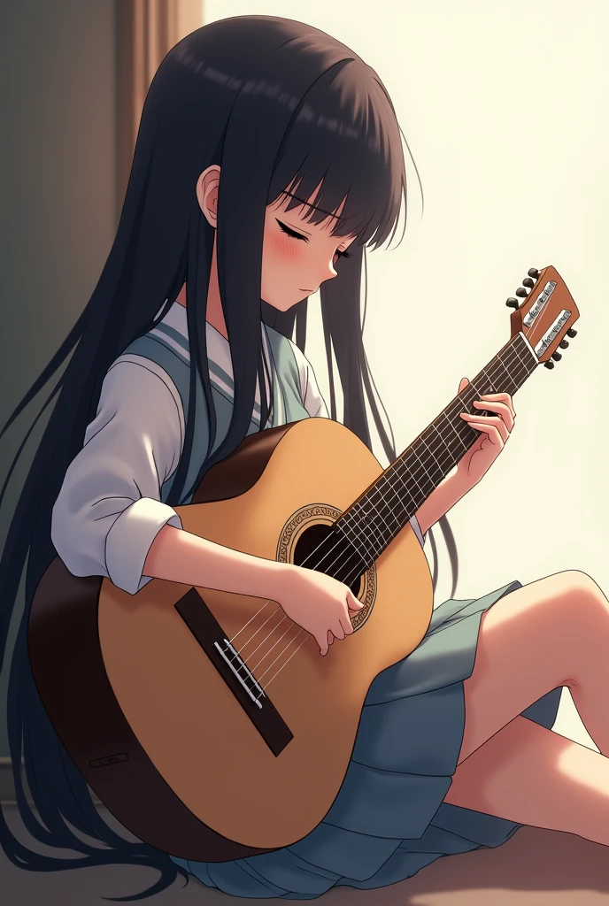 Long dark haired anime girl with closed eyes sitting sideways playing a guitar 
